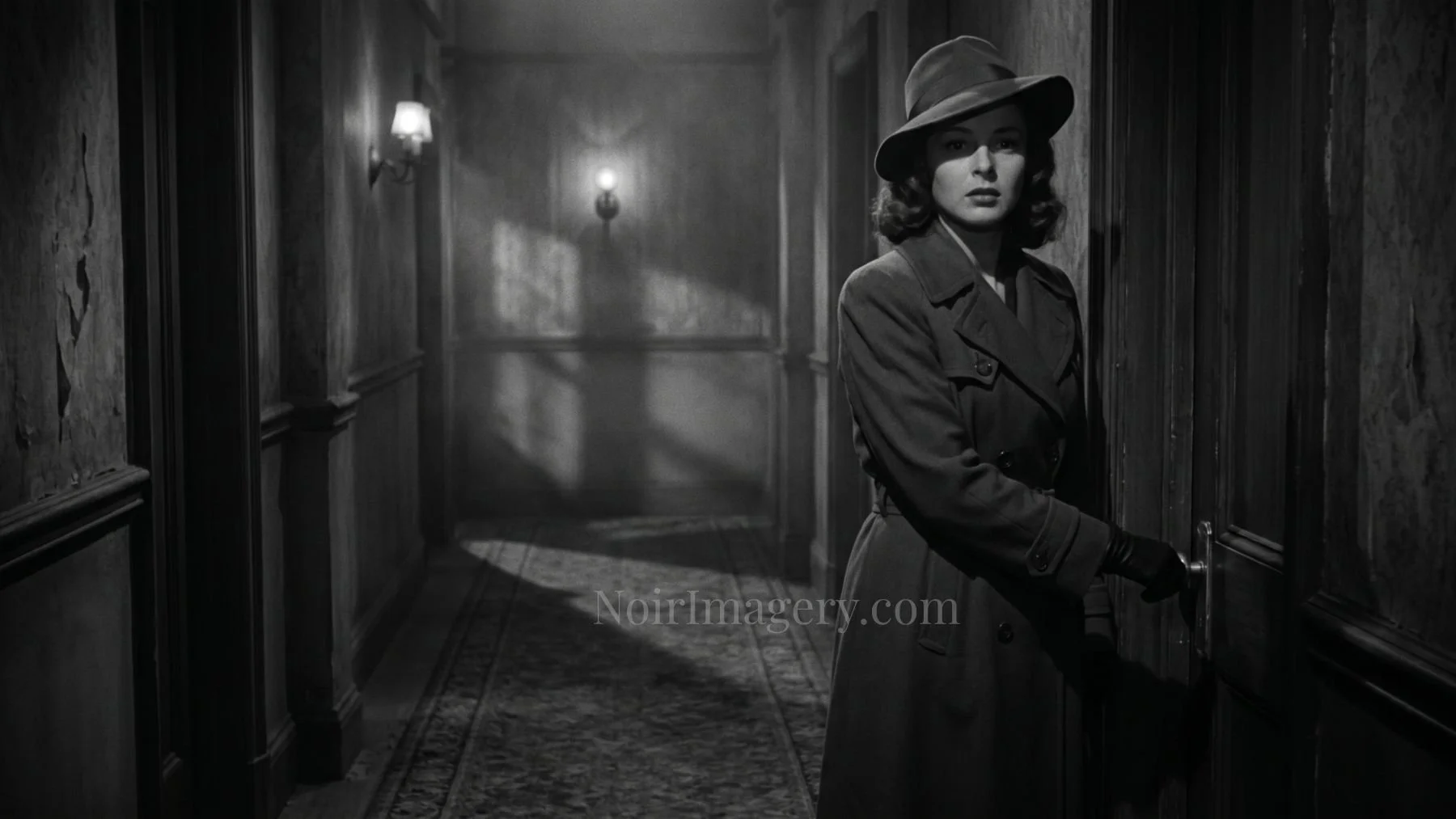 Black-and-white noir image of a woman hesitating outside a dim apartment or hotel room in a shadowy hallway.