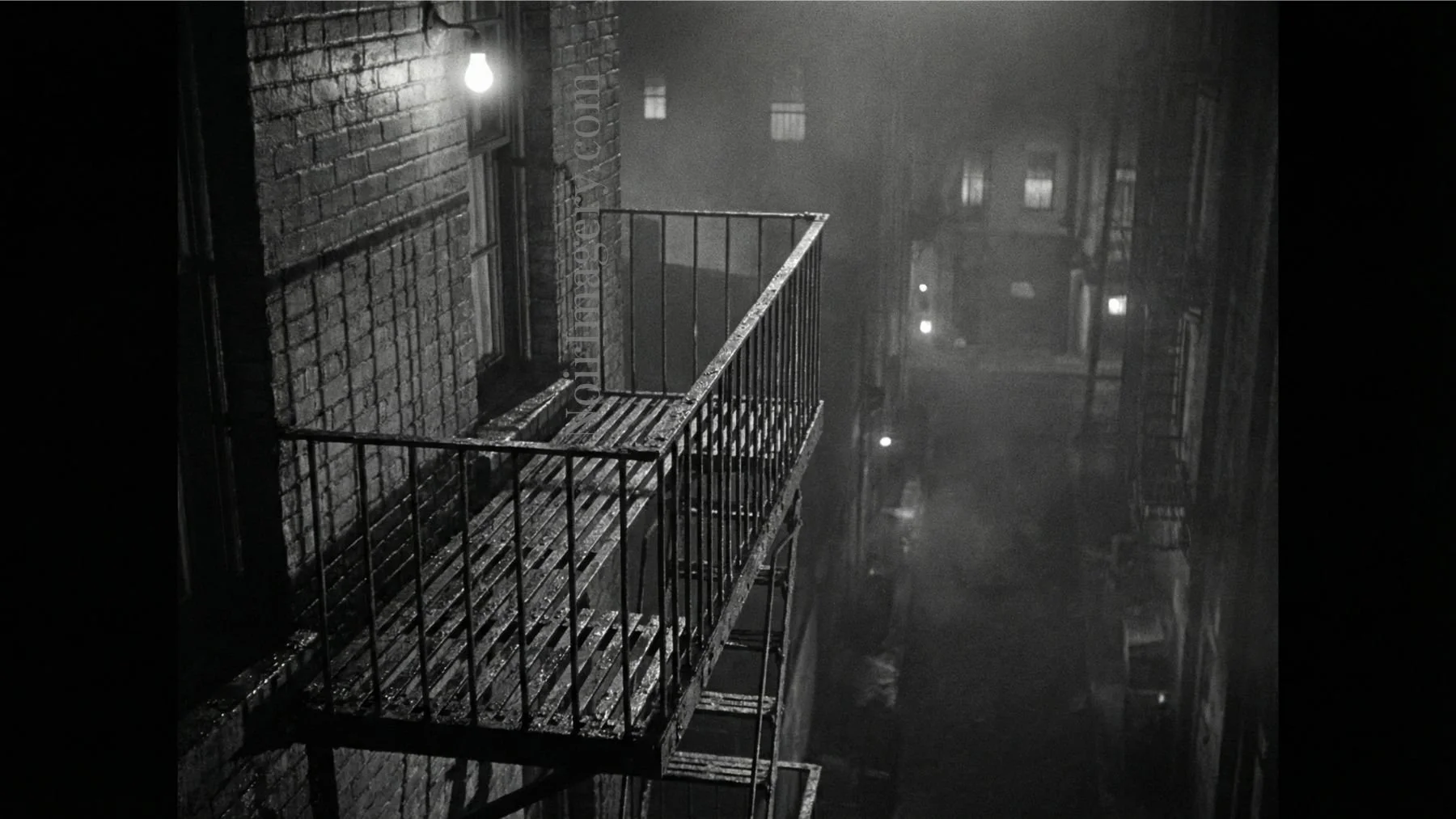 Fire escape first step on narrow landing.