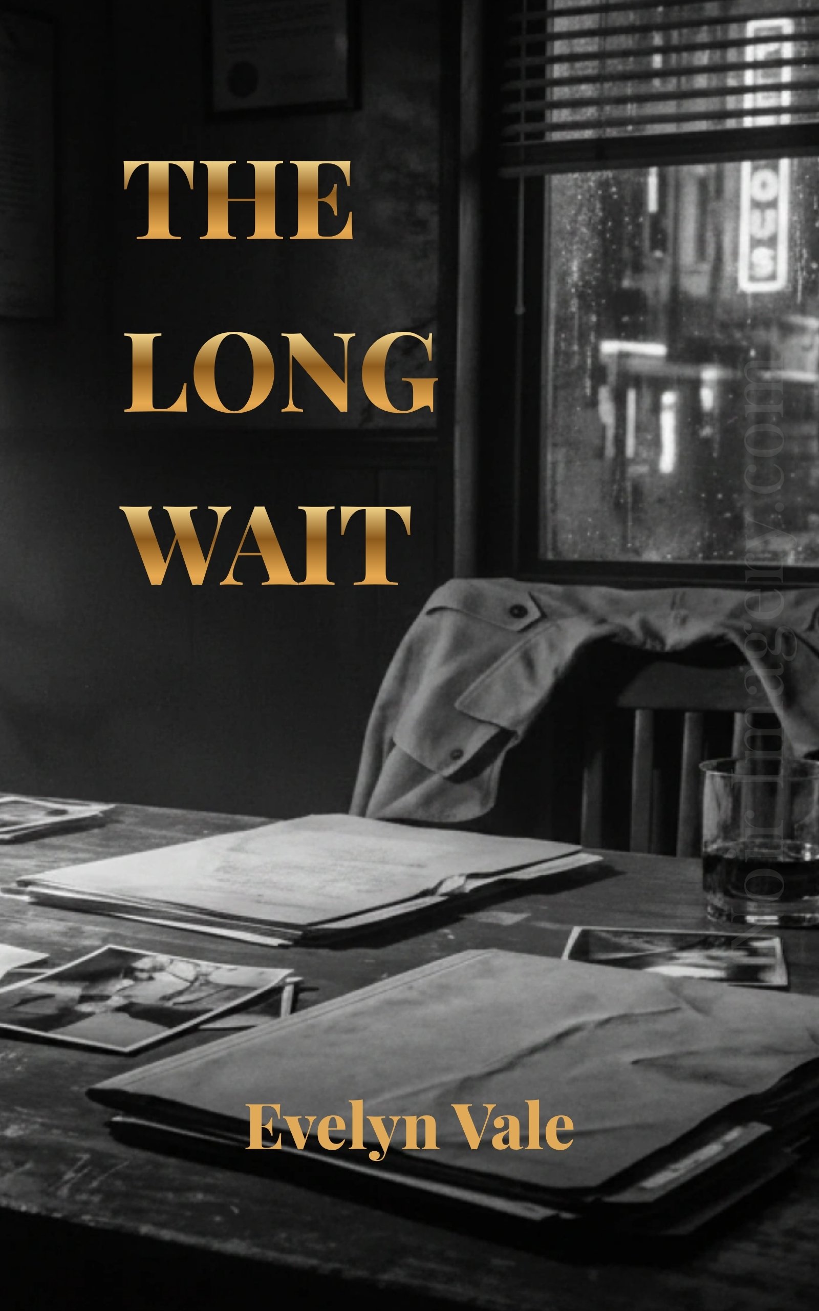 Book cover concept using a noir detective office image with the title “The Long Wait” and author name Evelyn Vale