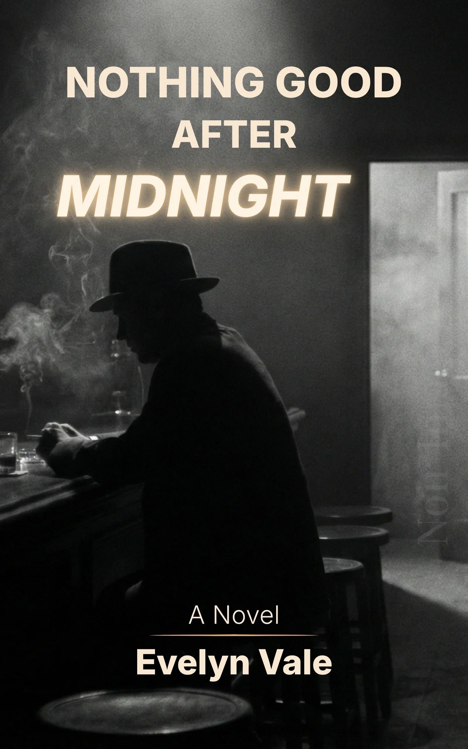 Noir book cover example featuring a lone figure at a smoky bar with the title “Nothing Good After Midnight.