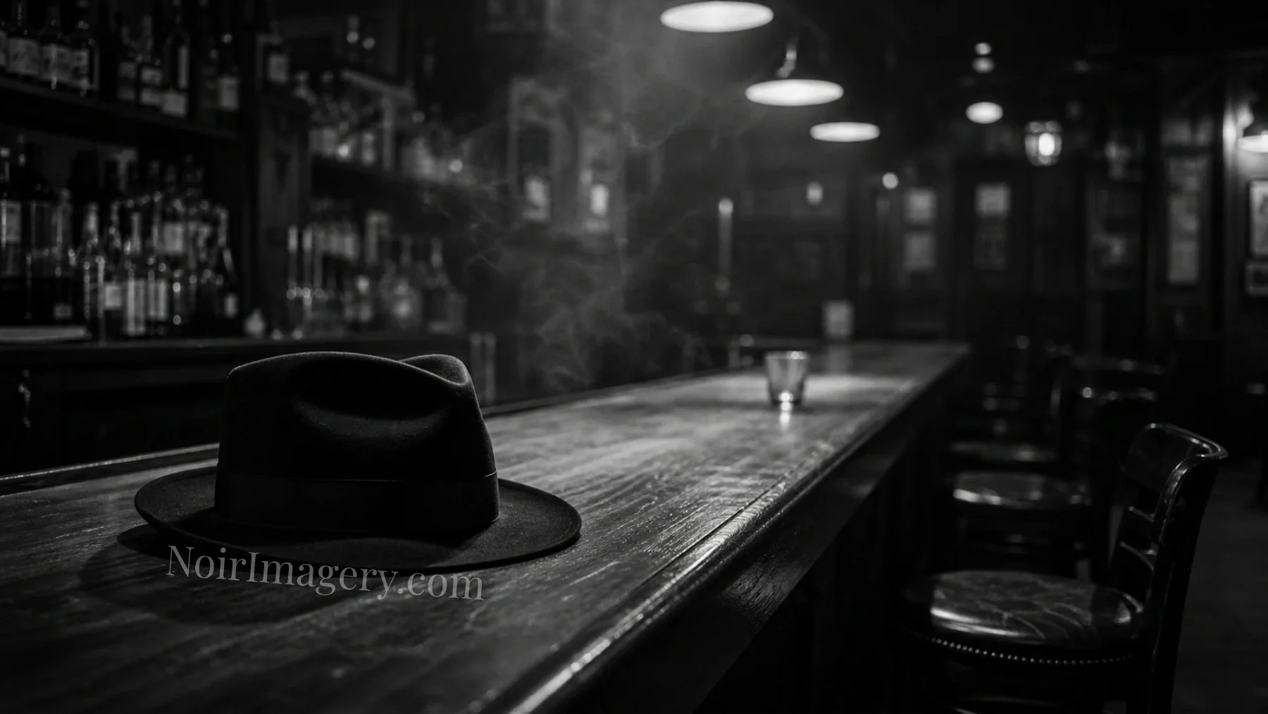 Classic black felt fedora resting on a polished wooden bar inside a vintage tavern with soft smoke, warm lighting, and cinematic noir atmosphere.