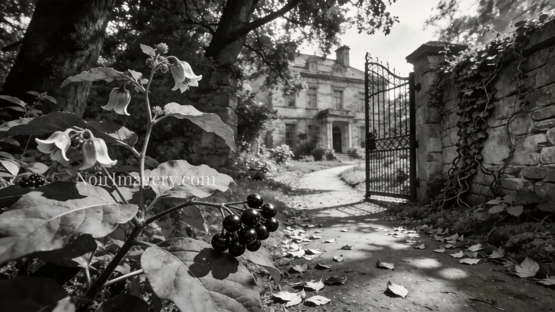 Black-and-white image of deadly nightshade with dark berries growing beside the entrance to an old country estate.