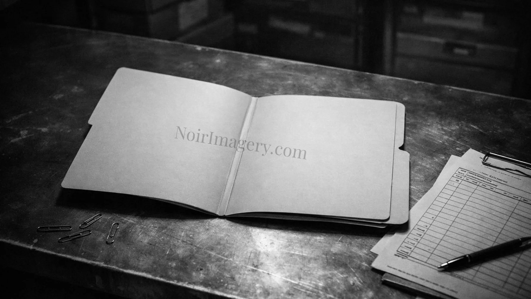 Open empty case file folder resting on a table inside a police evidence archive.