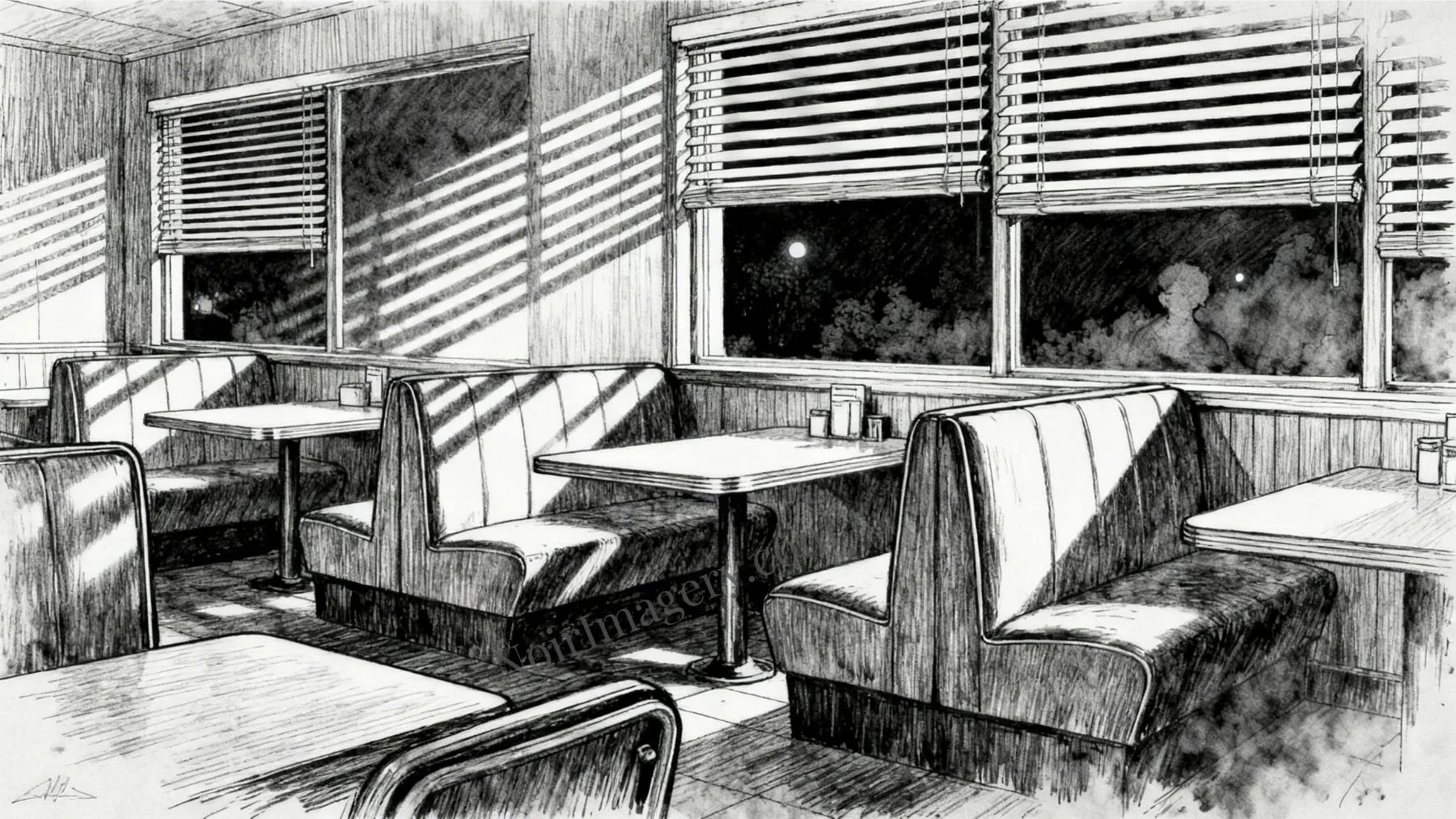 Empty diner booths after hours.