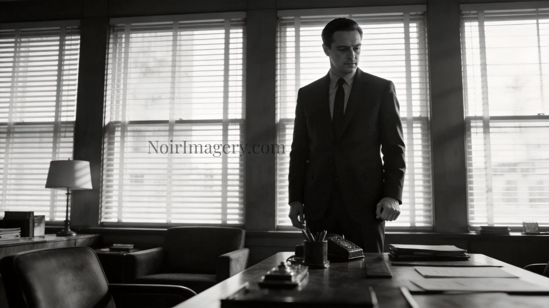 Man standing alone at an office desk surrounded by shadows and paperwork in a cinematic noir scene.