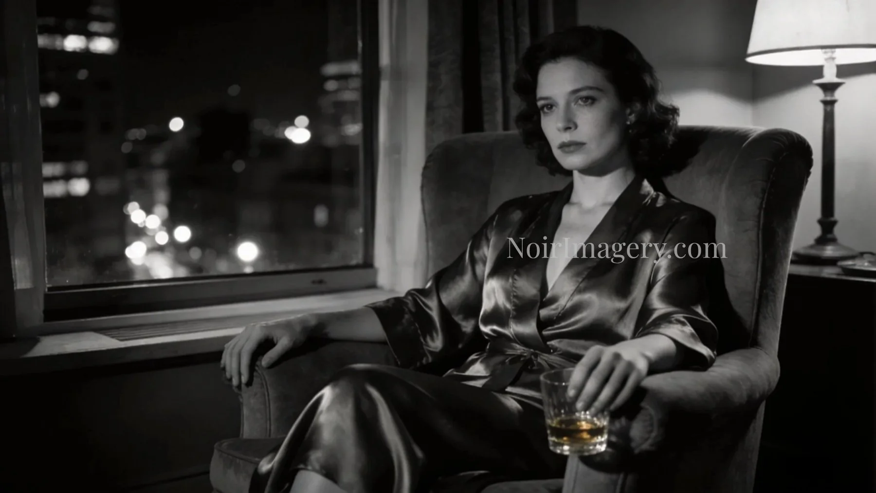 Woman in elegant evening loungewear sitting alone beside a city window holding a drink in a quiet noir apartment scene.