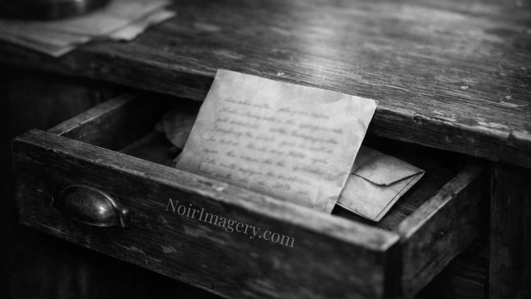 An old handwritten letter and envelope partially hidden inside a wooden desk drawer.