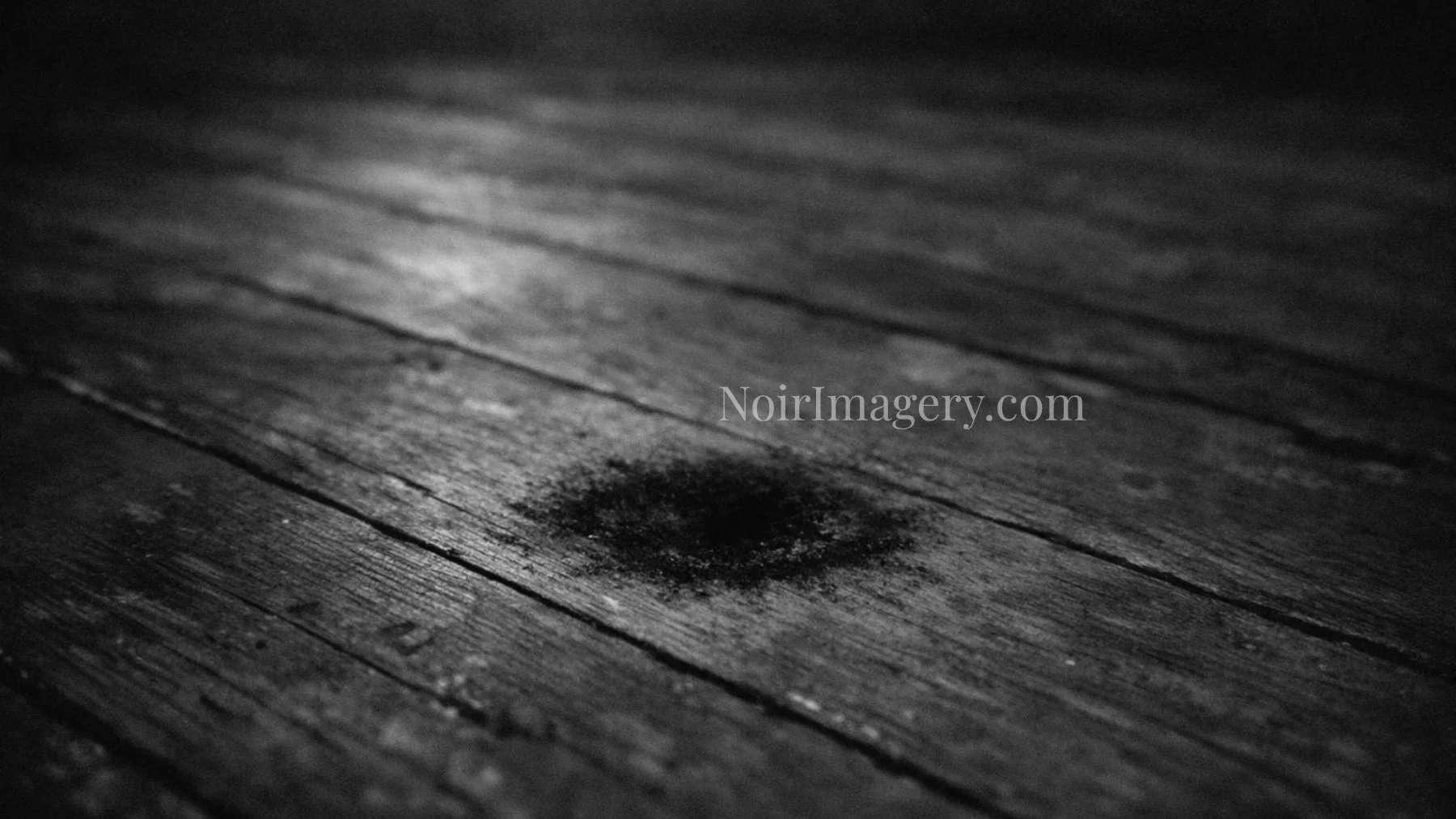 Black and white noir image of a burn mark scorched into a wooden floor.