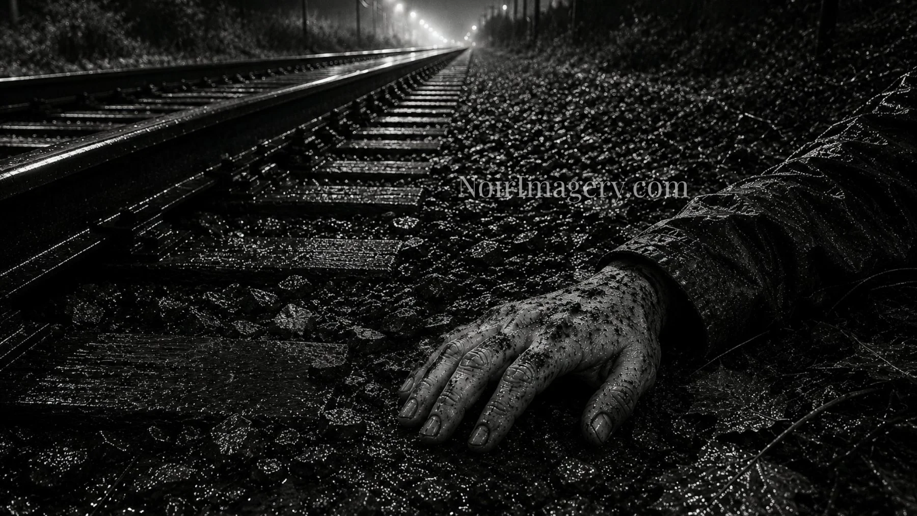 Black-and-white noir image of a hand lying beside railroad tracks at night.