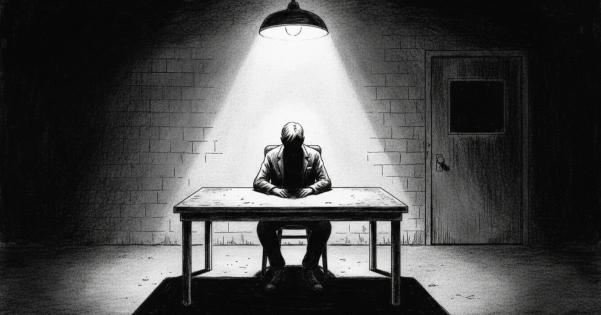 Black-and-white noir interrogation room with a man seated under a single overhead light