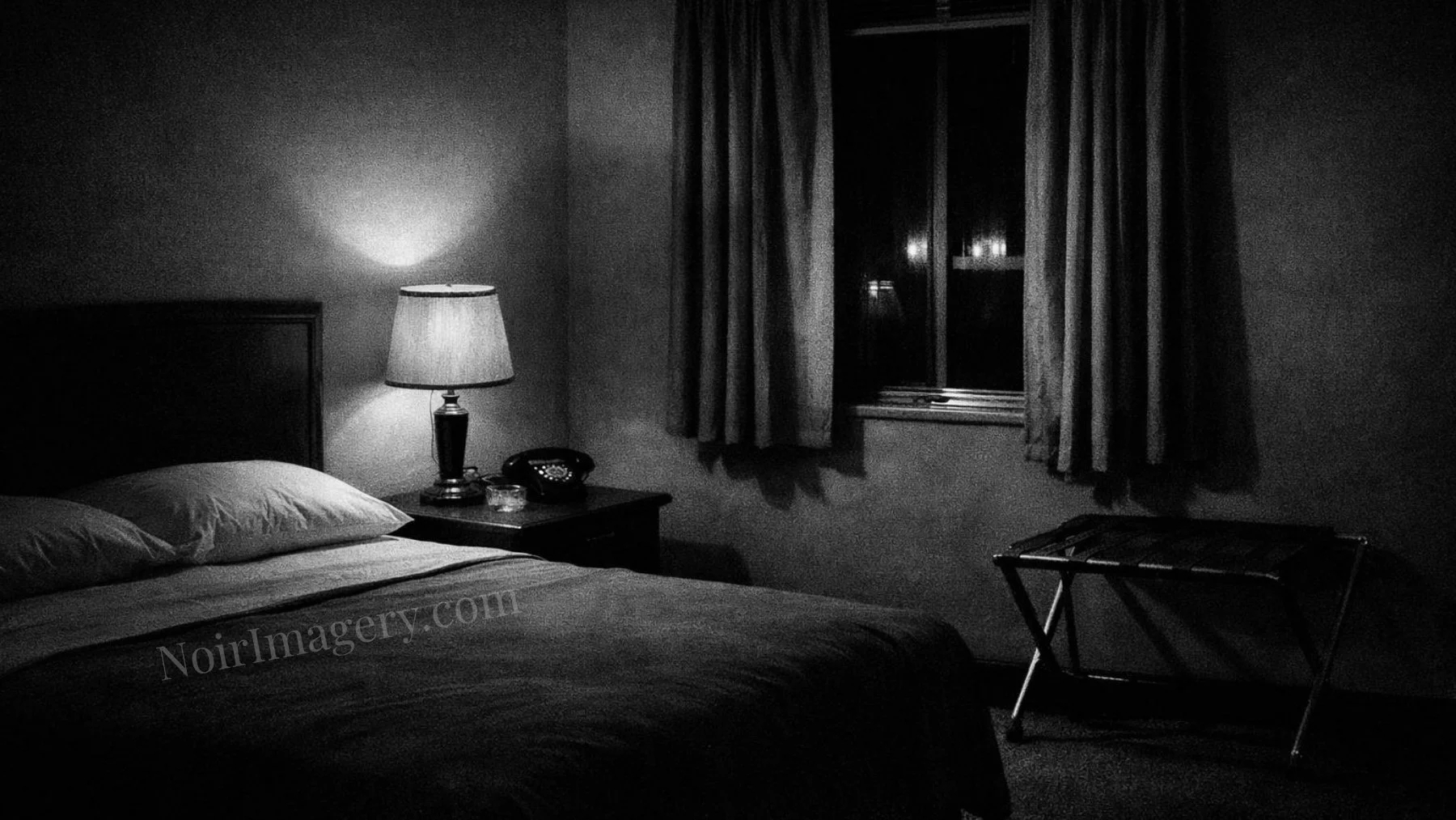 Black-and-white image of a motel room with a bed, bedside table, lamp, telephone, and curtained window at night.