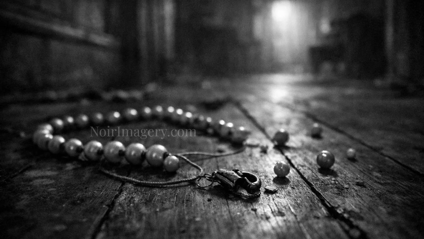 Broken pearl necklace with loose beads scattered across worn wooden floorboards.