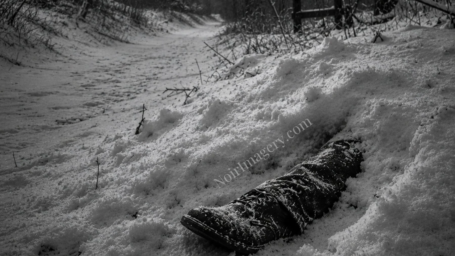 Black-and-white noir image of a snow-covered shoe and trouser leg emerging from a winter drift.