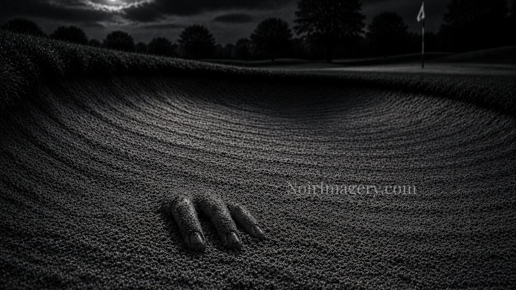 Black-and-white noir image of three fingers emerging from a golf course sand bunker.
