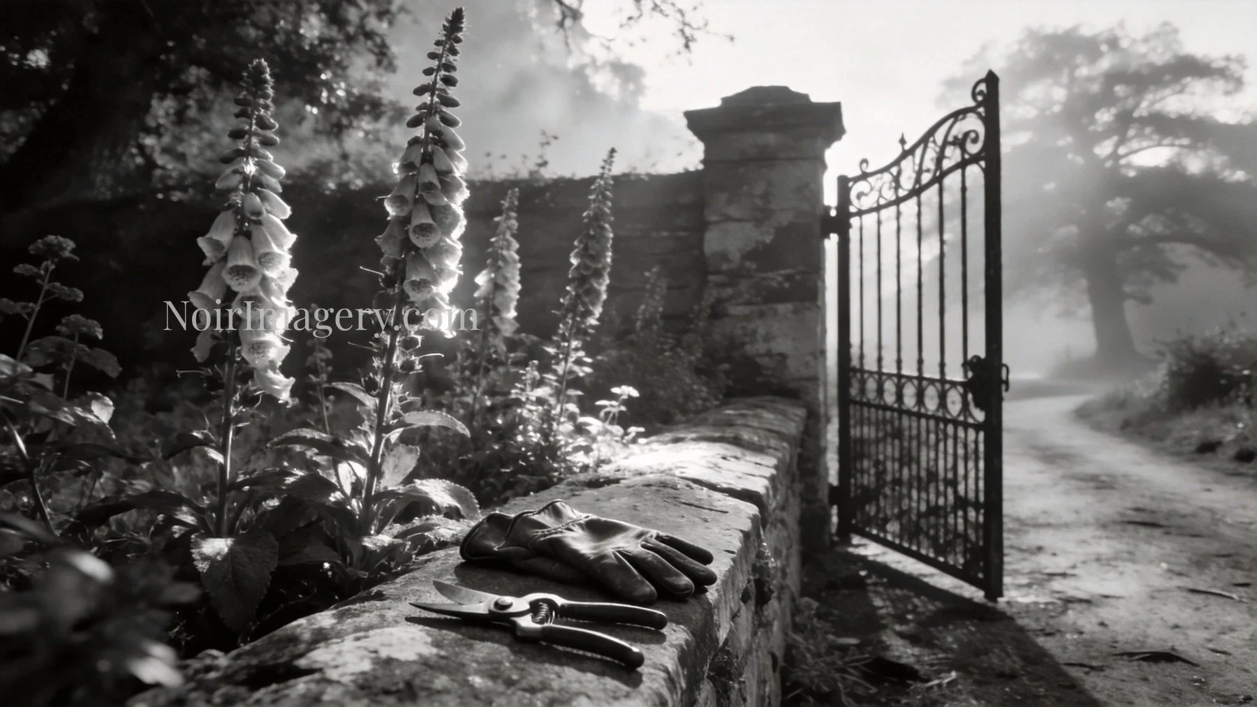 Black-and-white image of foxglove growing beside an open garden gate with gardening gloves and pruning shears resting nearby.