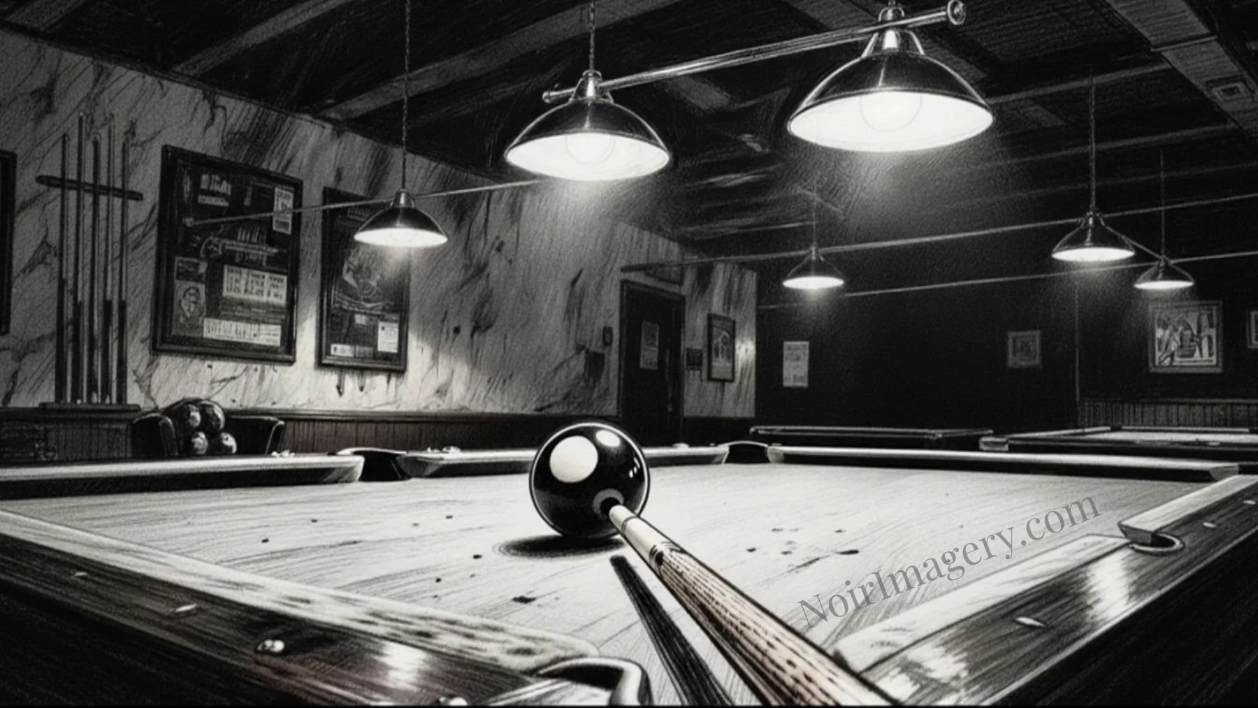 Cue stick aligned with a billiard ball on a pool table in a black-and-white noir scene with overhead lighting.