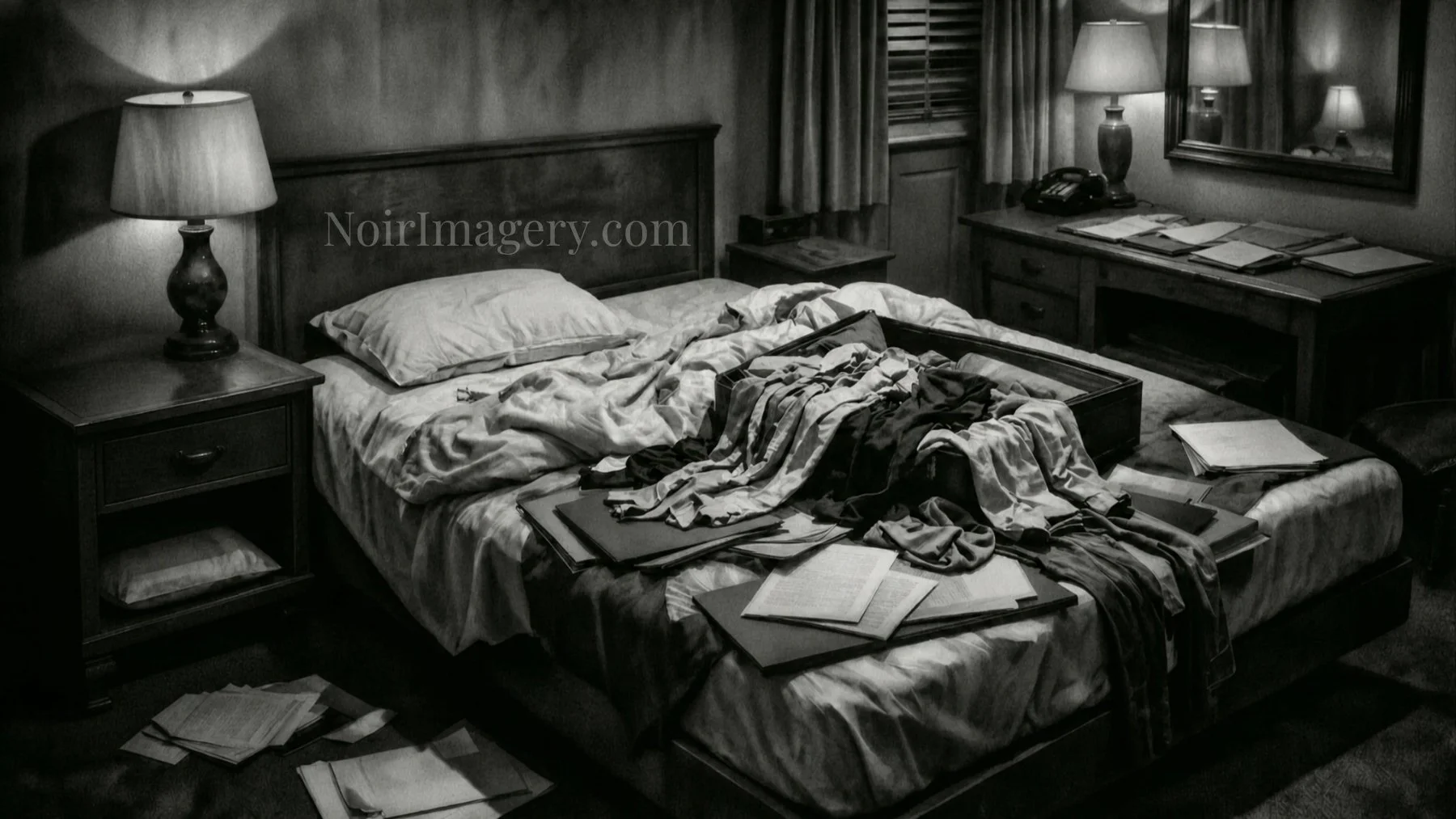 Black-and-white noir image of a hotel room with an open suitcase on the bed, clothing pulled out, and dresser drawers left open after a search.