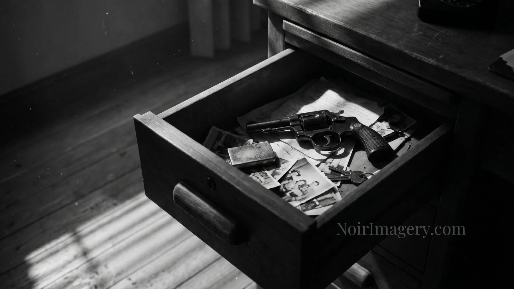 Open desk drawer revealing a revolver, photographs, and personal items in a shadowy noir setting