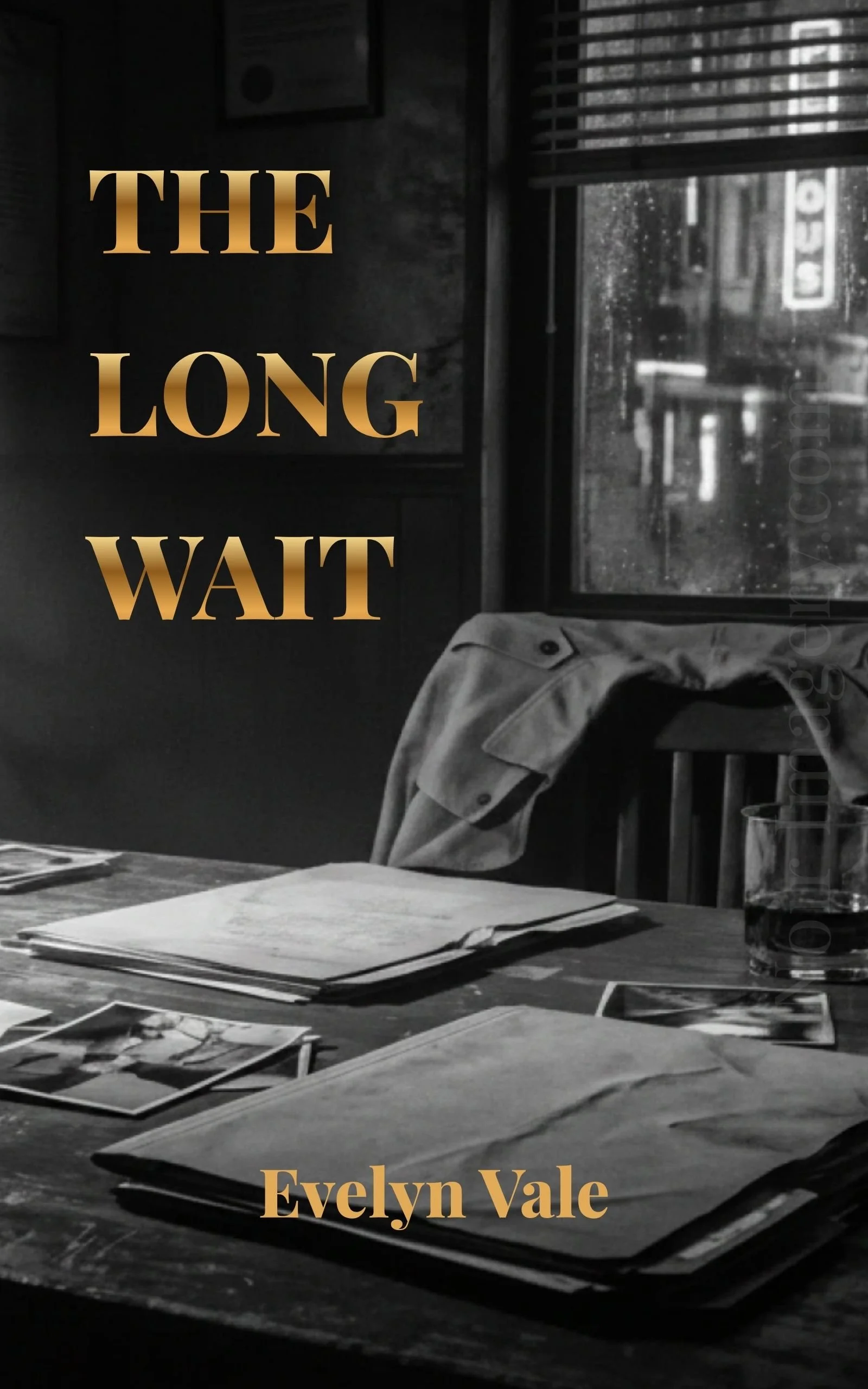 Book cover concept using a noir detective office image with the title “The Long Wait” and author name Evelyn Vale