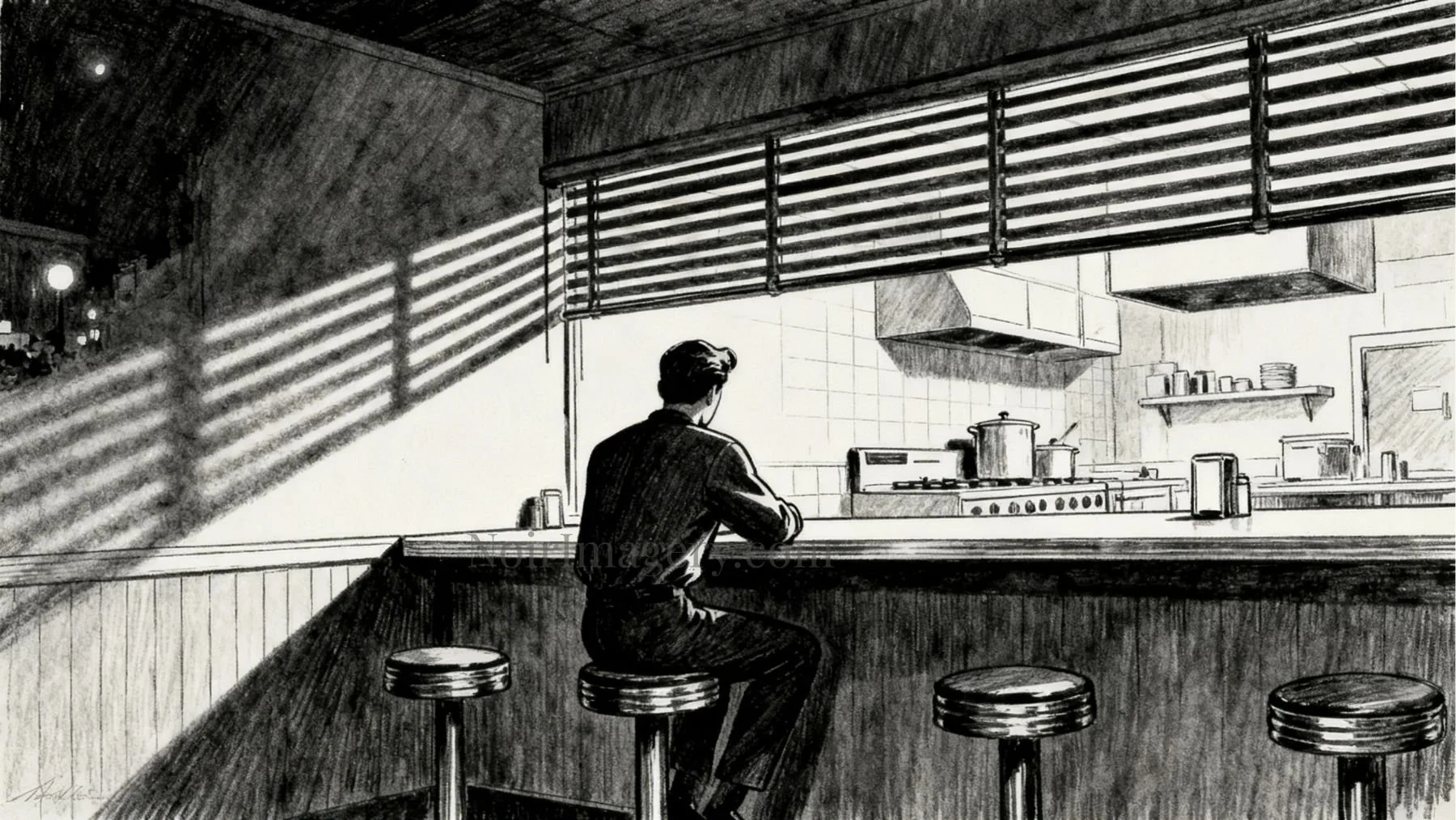 Lone figure sitting at after hours diner counter