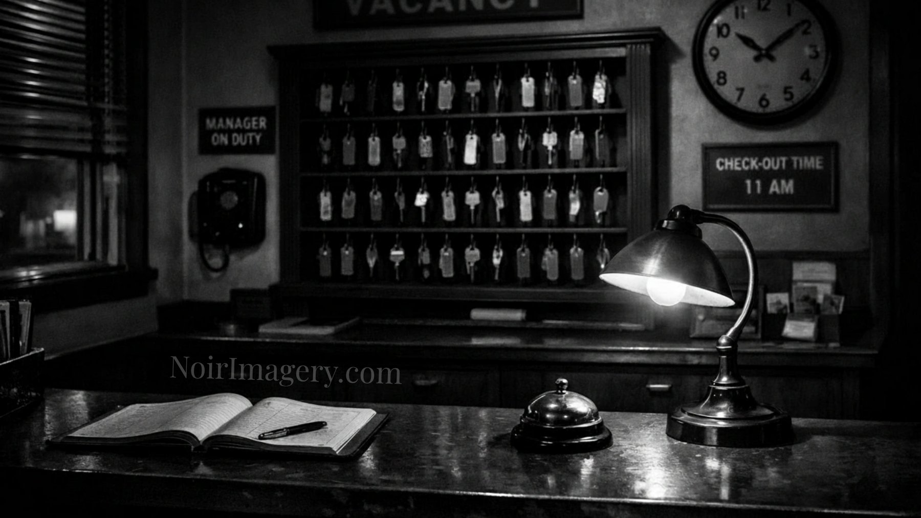 Black-and-white image of a motel registration desk with a key rack, desk lamp, service bell, guest ledger, and wall clock.