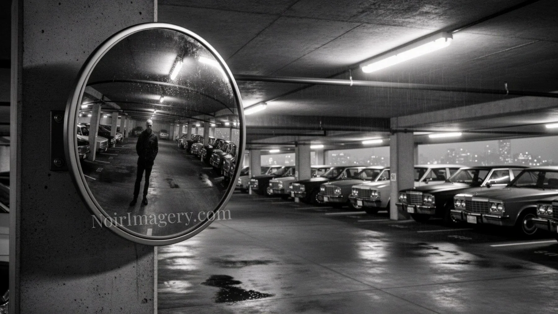A man is reflected in a convex security mirror inside a parking garage lined with parked cars.