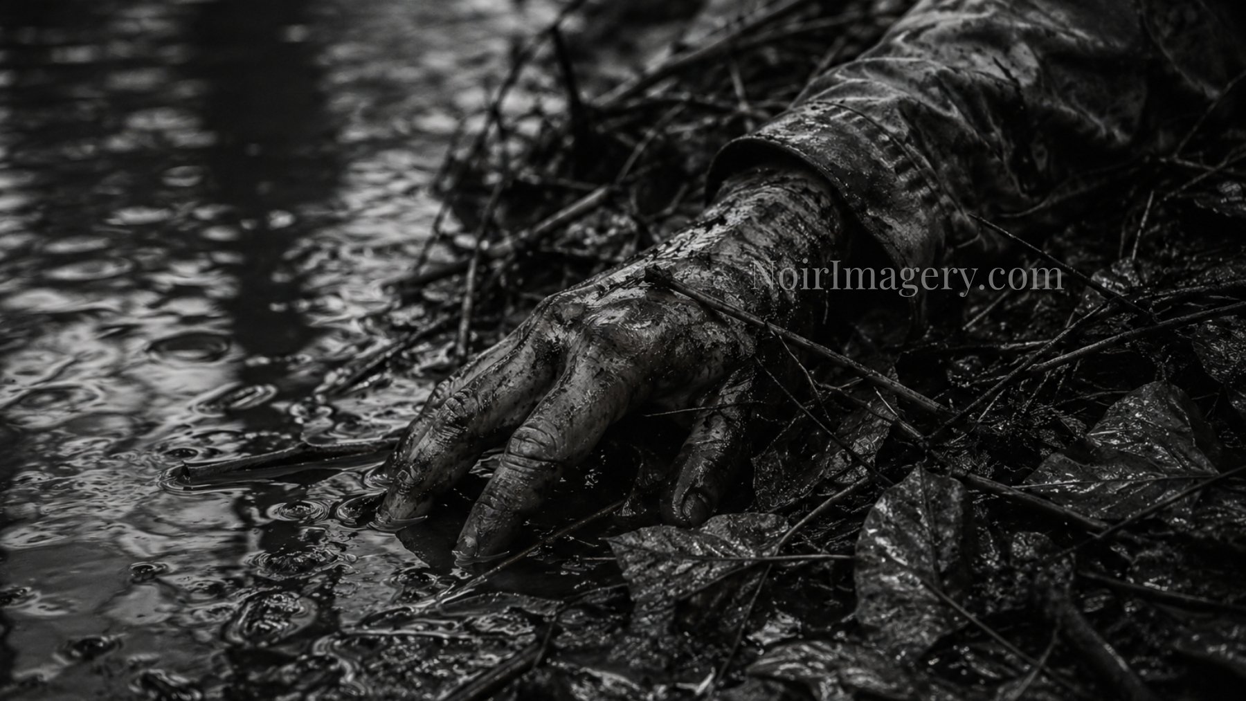 Black-and-white noir image of a muddy hand reaching into water along a riverbank.