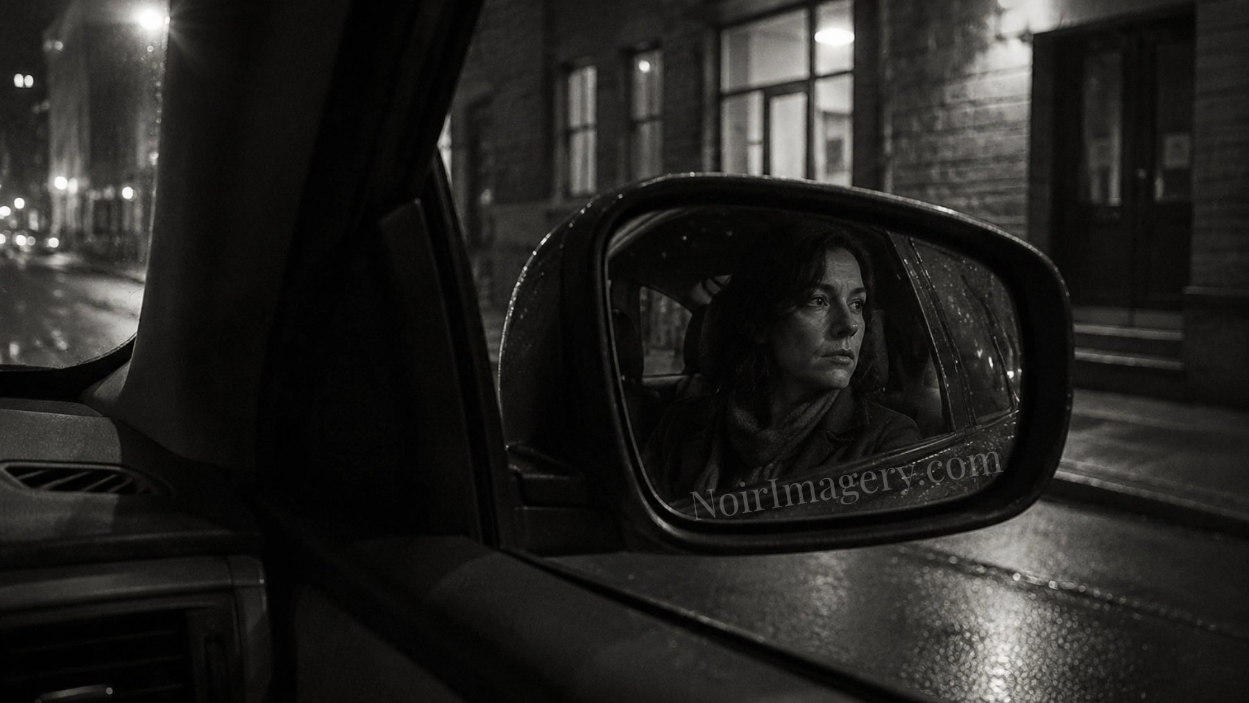 Black-and-white noir image of a woman reflected in a passenger-side mirror during a stakeout.