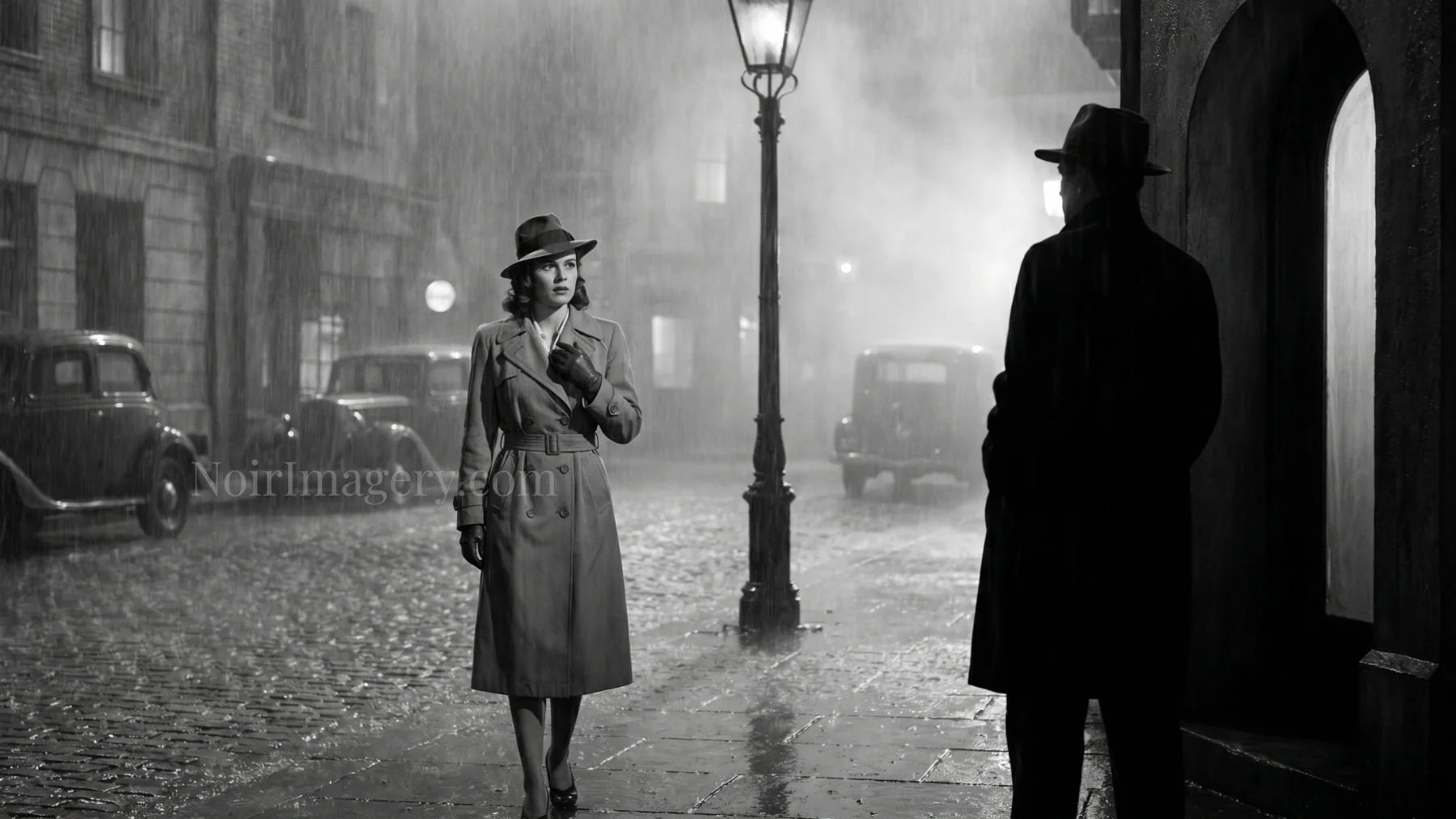 Black-and-white noir image of a woman stopping in the rain after unexpectedly seeing a shadowy figure across the street.