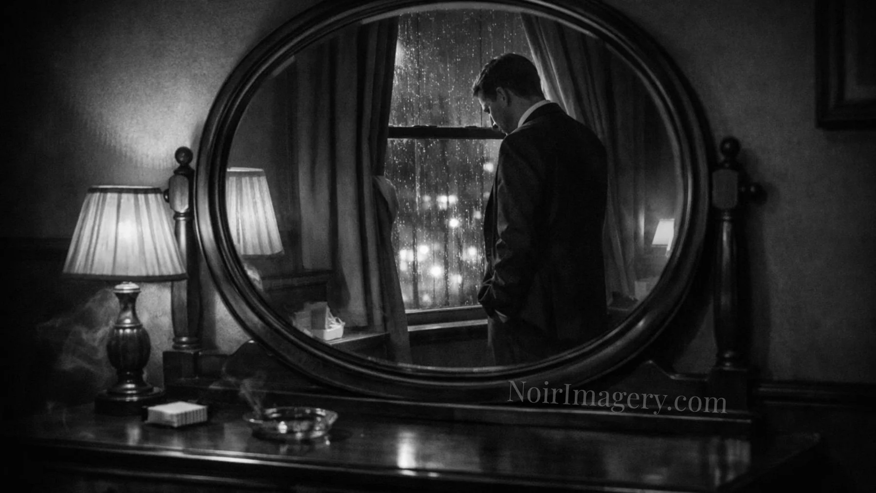 Man standing beside a rain-covered hotel window reflected in a dresser mirror above a smoking ashtray in a dim noir room.