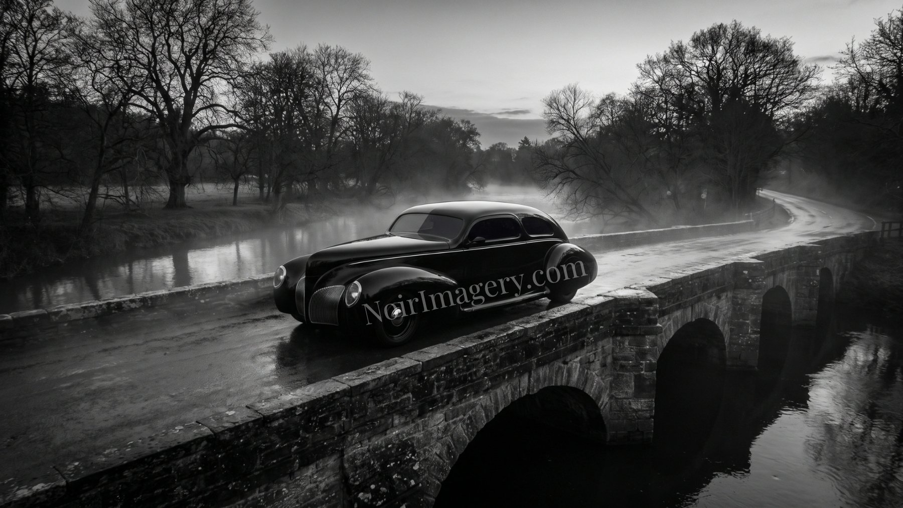Vintage streamlined coupe crossing a stone bridge above a misty river on an overcast day in a classic noir landscape.