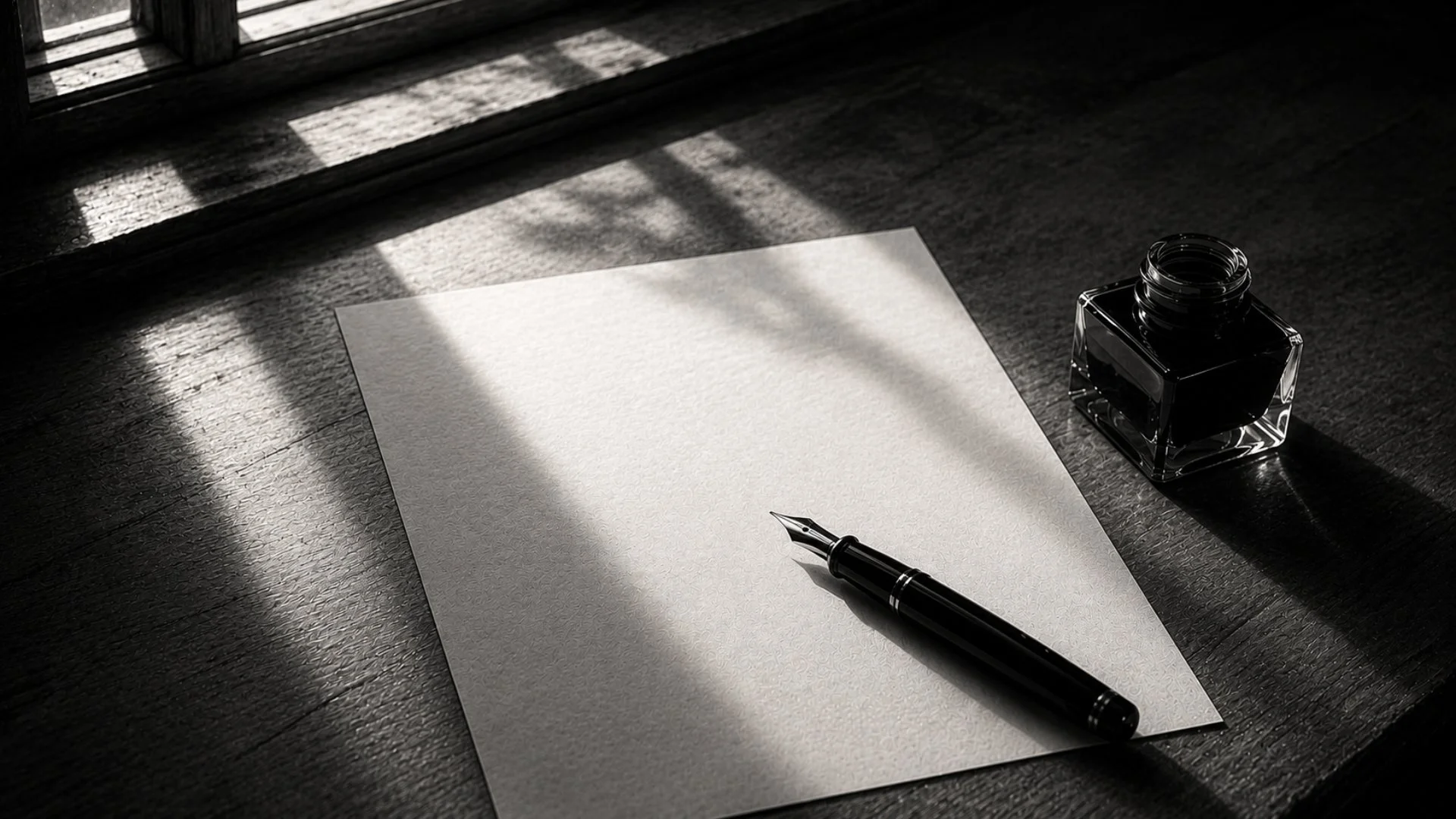 Sunlight illuminating a blank sheet of paper with a fountain pen on a writing desk, representing the beginning of the creative process behind Noir Imagery.