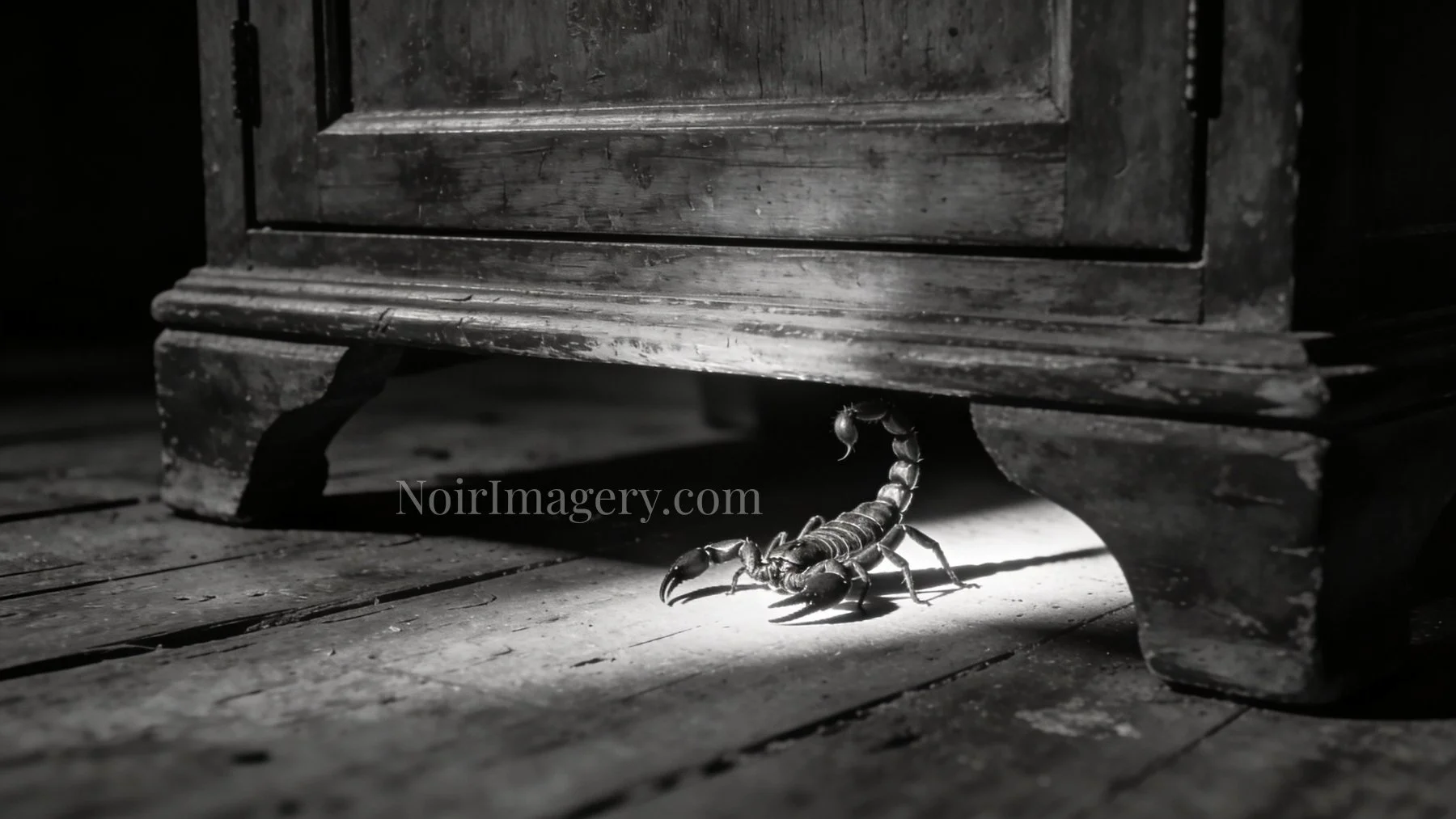 Black-and-white image of a scorpion illuminated beneath an antique cabinet, its raised tail casting a shadow across the floor.