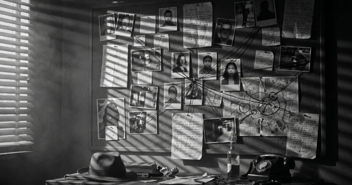 Cinematic evidence wall in a detective office with clues and photographs, ideal for mystery writing and noir visuals