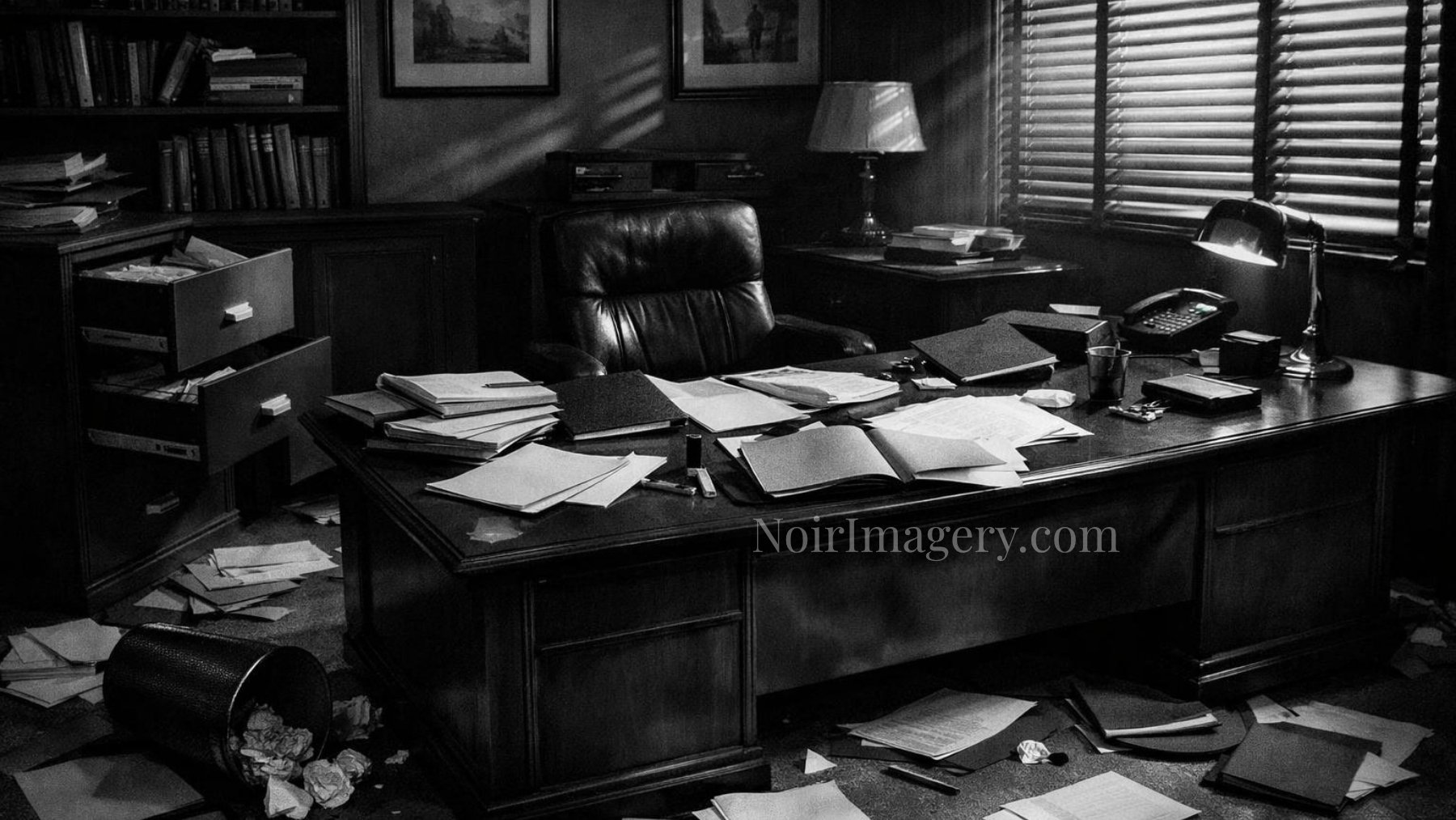 Black-and-white noir image of a business office with open drawers, scattered paperwork, folders on the floor, and evidence of a thorough search.