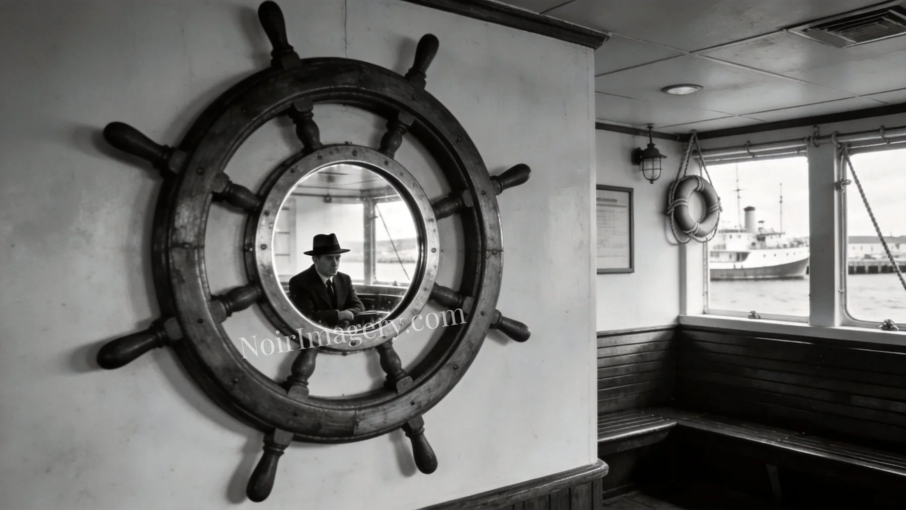 A man in a fedora is reflected in a ship’s wheel mirror aboard a harbor vessel, with water and boats visible through the windows.