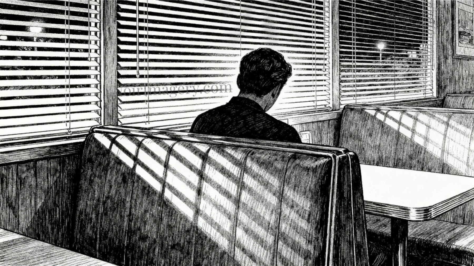 Lone figure sitting at diner booth after hours.