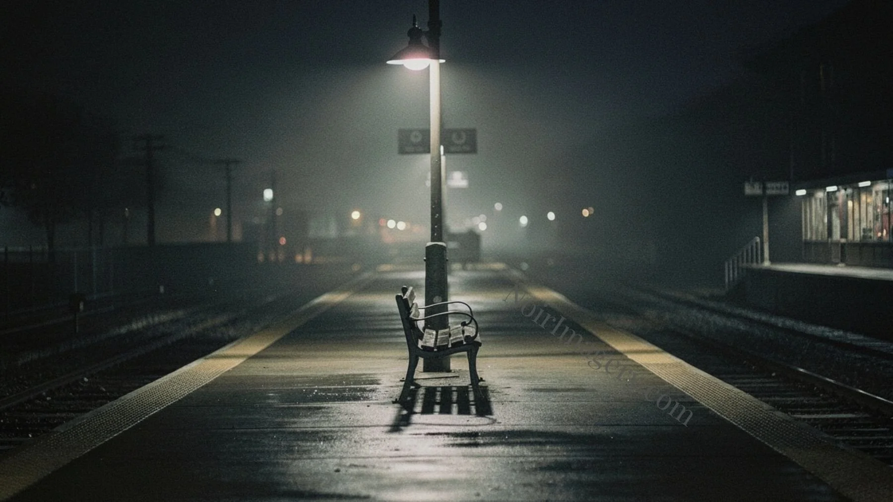 Empty train platform with a lone bench under a single overhead light at night