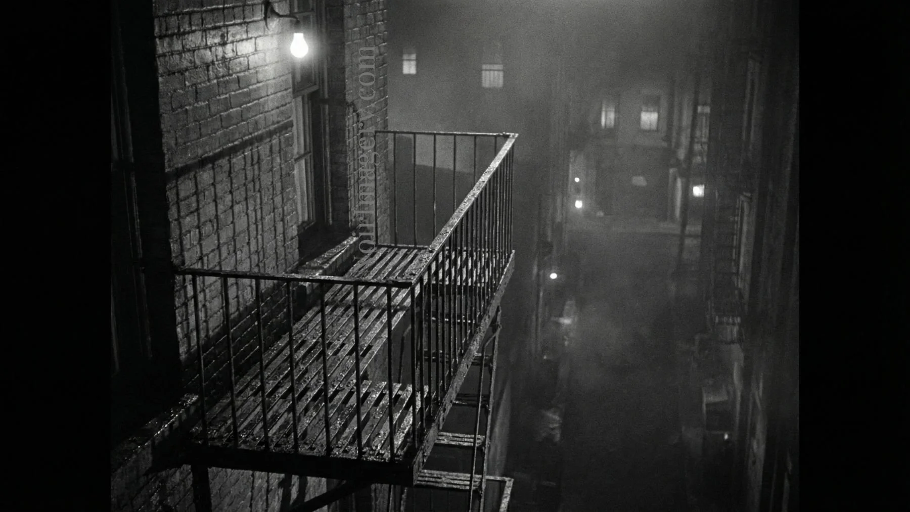 Fire escape with narrow first step landing.