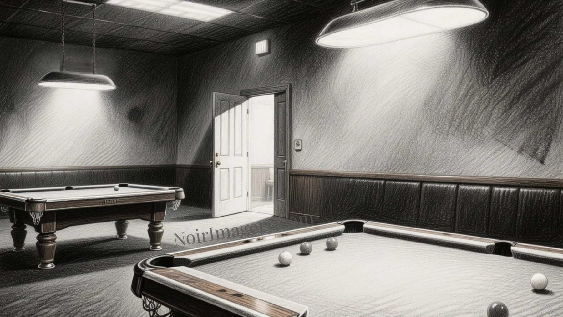 Dim pool hall interior with an open door leading to a back room, illuminated by soft light in a noir setting.