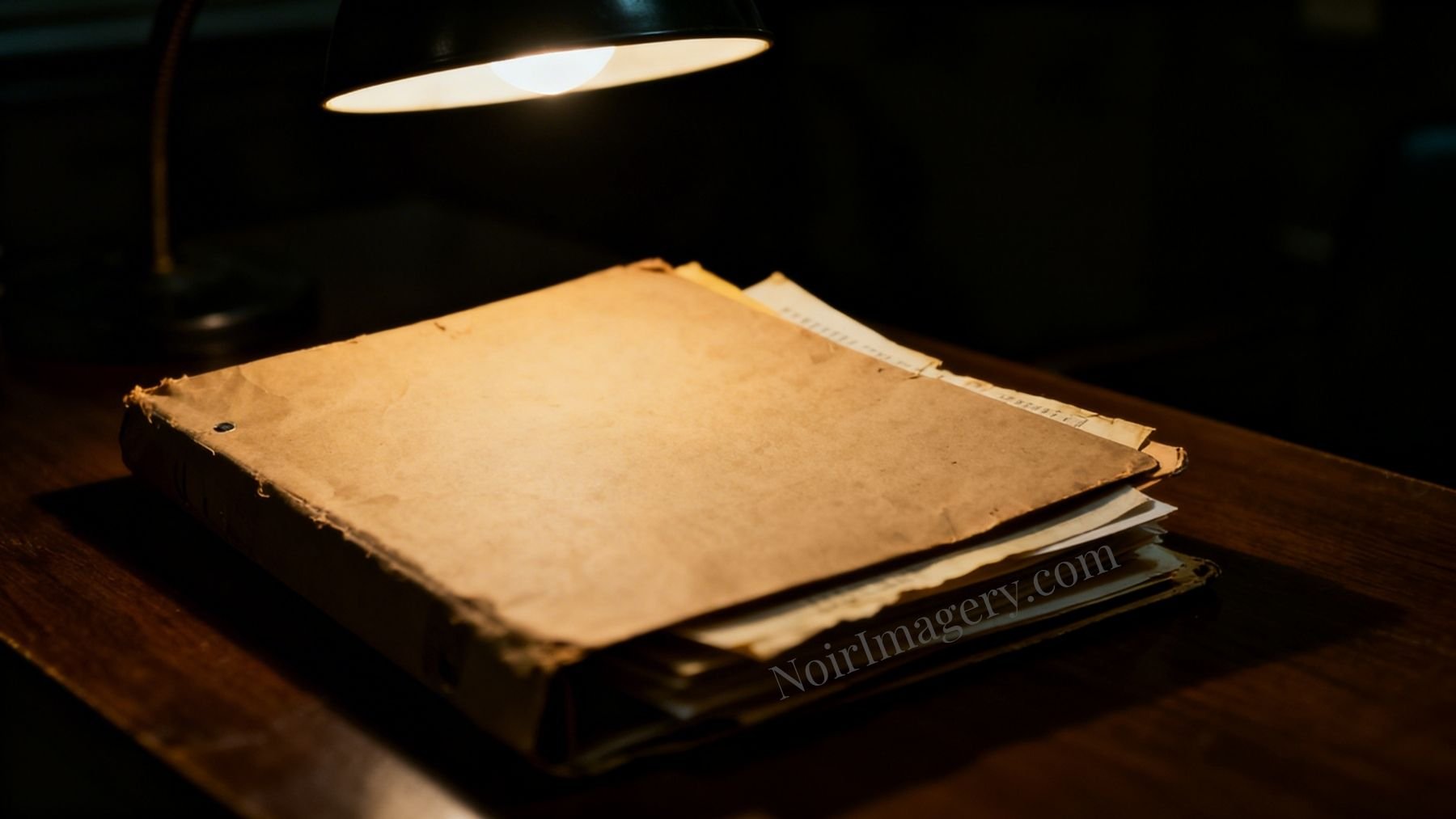A worn paper file folder on a stack of documents under a desk lamp in a dark noir office setting.