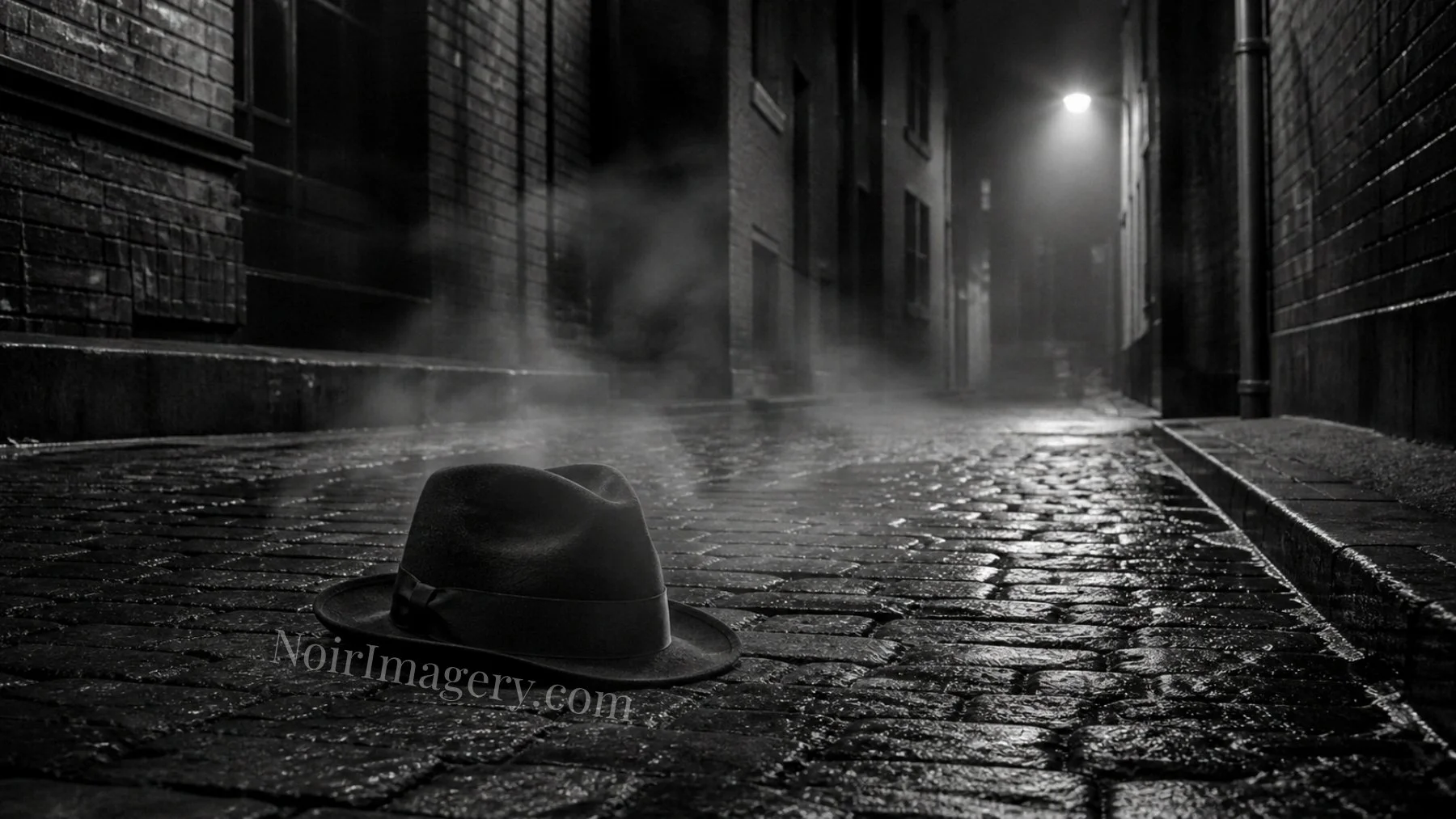 Classic black felt fedora lying on wet cobblestones in a narrow brick alley at night with drifting steam and cinematic noir lighting.