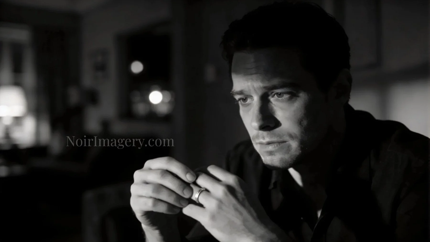 Close-up noir portrait of a man sitting in silence with folded hands around a wedding band and a troubled expression.