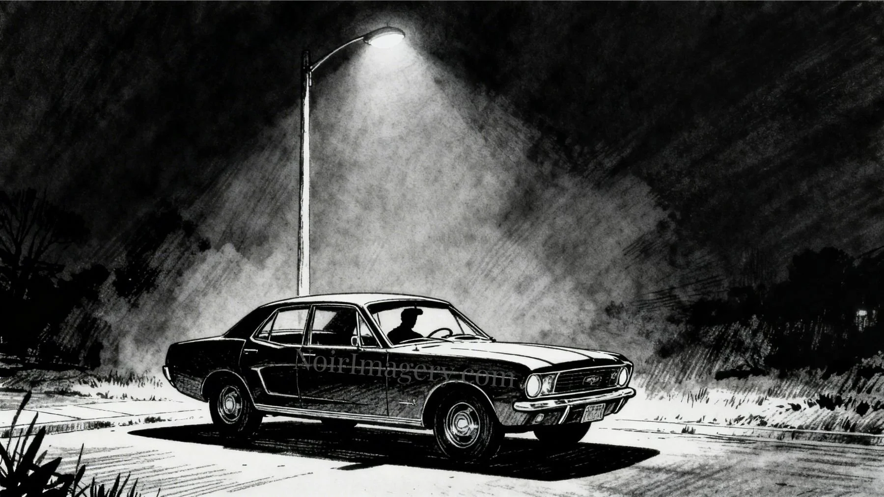 Car parked under streetlight at night, noir style..