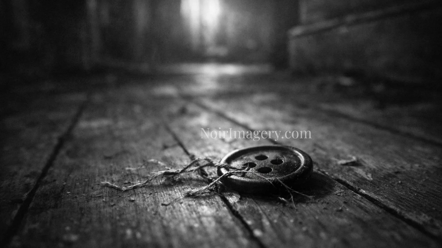 Single torn button with frayed threads lying on worn wooden floorboards.