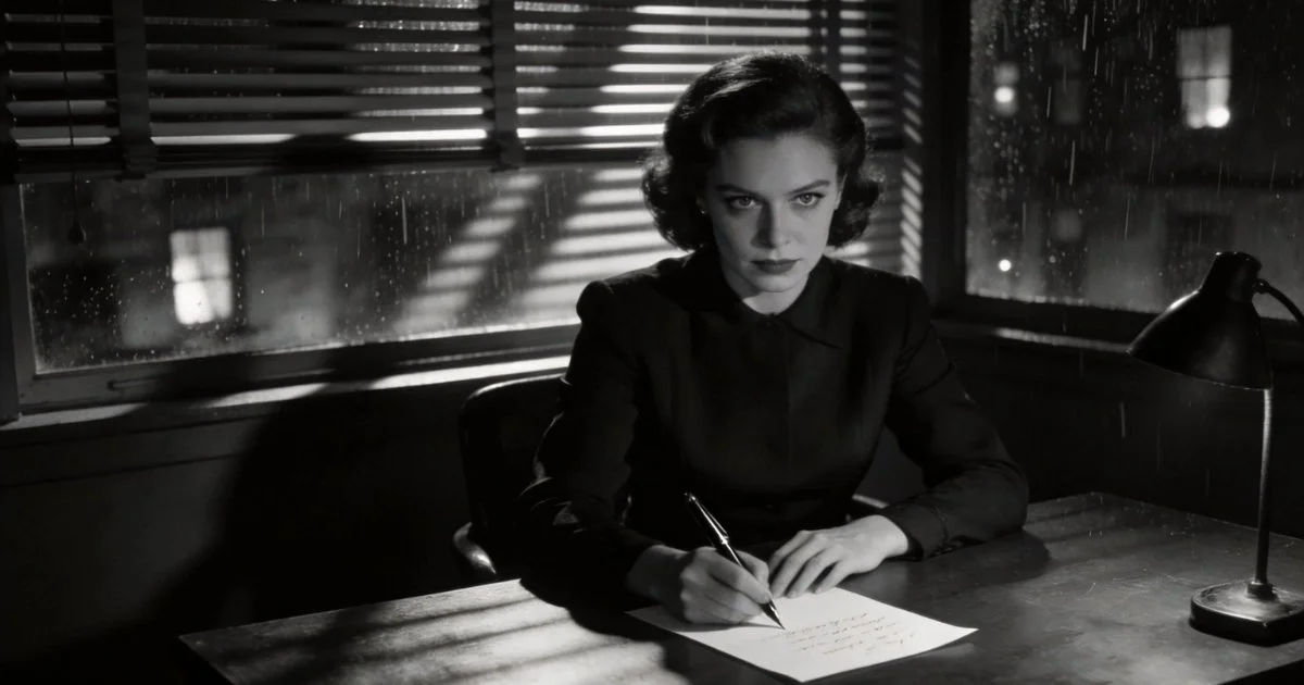 Woman in a dark office writing a handwritten letter at a desk in a black and white noir scene