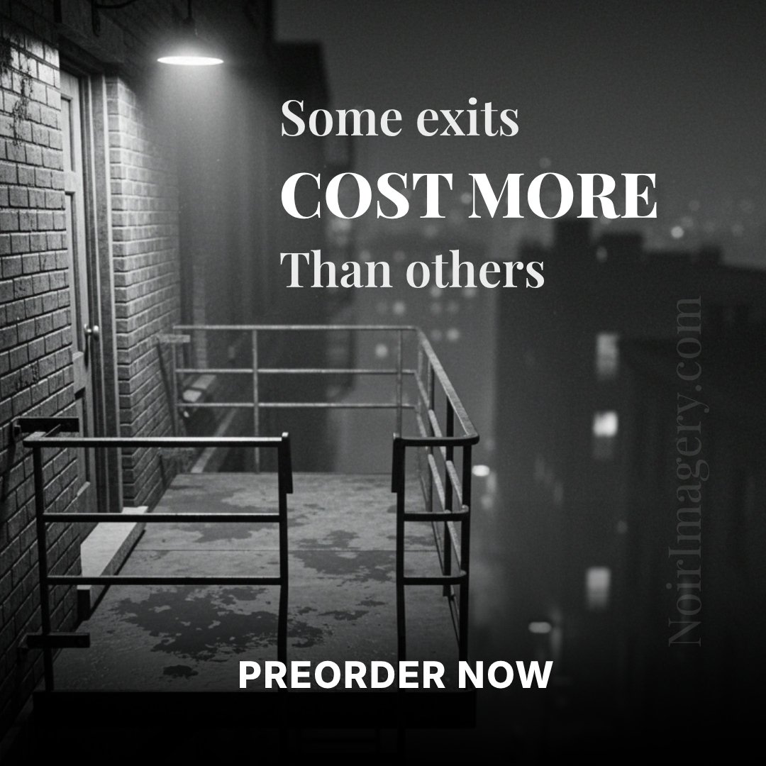 Square promotional graphic using a noir fire escape image with the phrase “Some Exits Cost More Than Others” and preorder text.