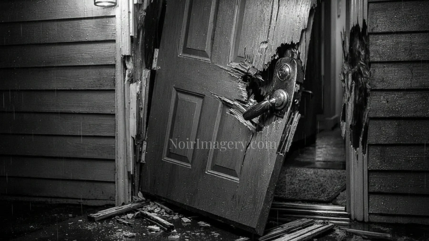 Black-and-white photograph of a shattered front door with splintered wood and severe damage around the lock and frame.