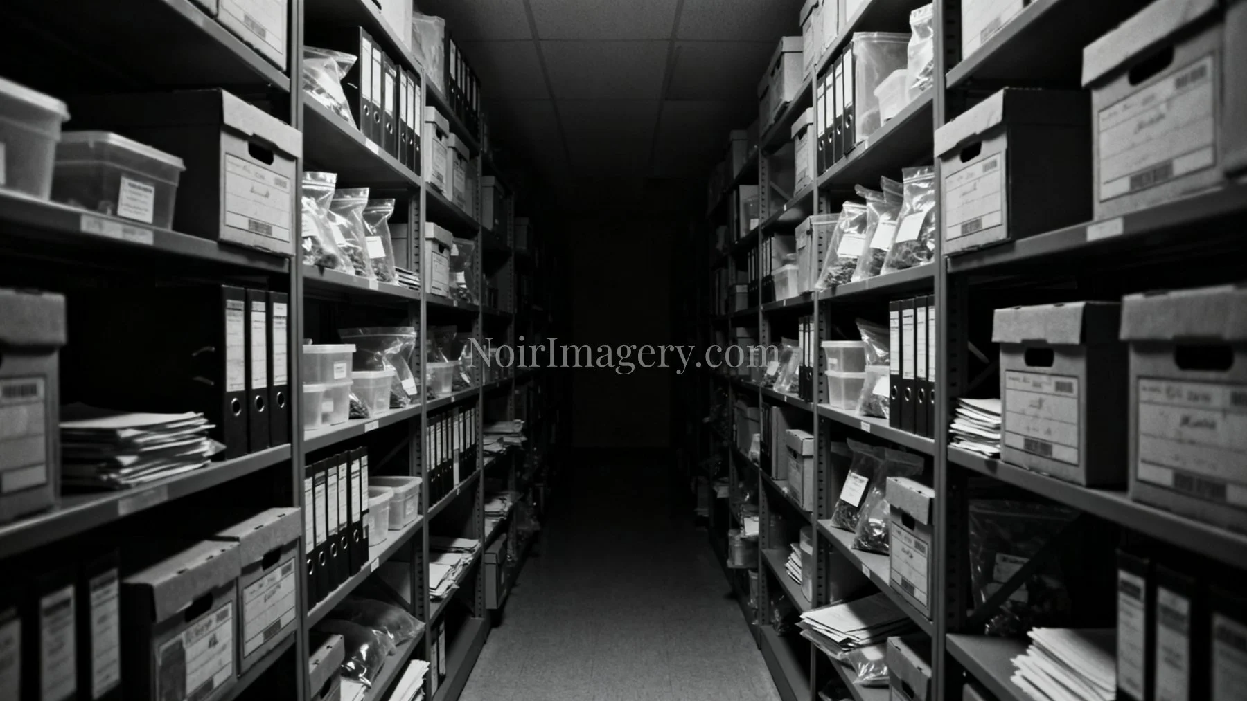 Rows of shelves filled with archived evidence, case files, and storage boxes inside a police evidence locker.
