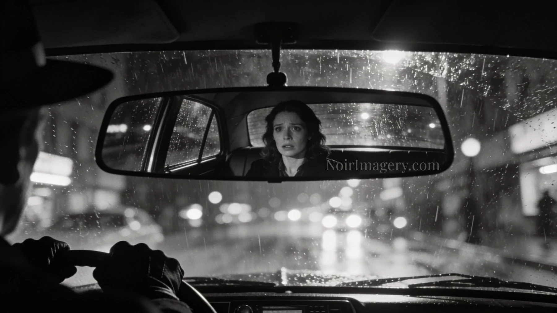Frightened woman reflected in a car rearview mirror while riding through a rainy city at night with an unseen driver at the wheel.